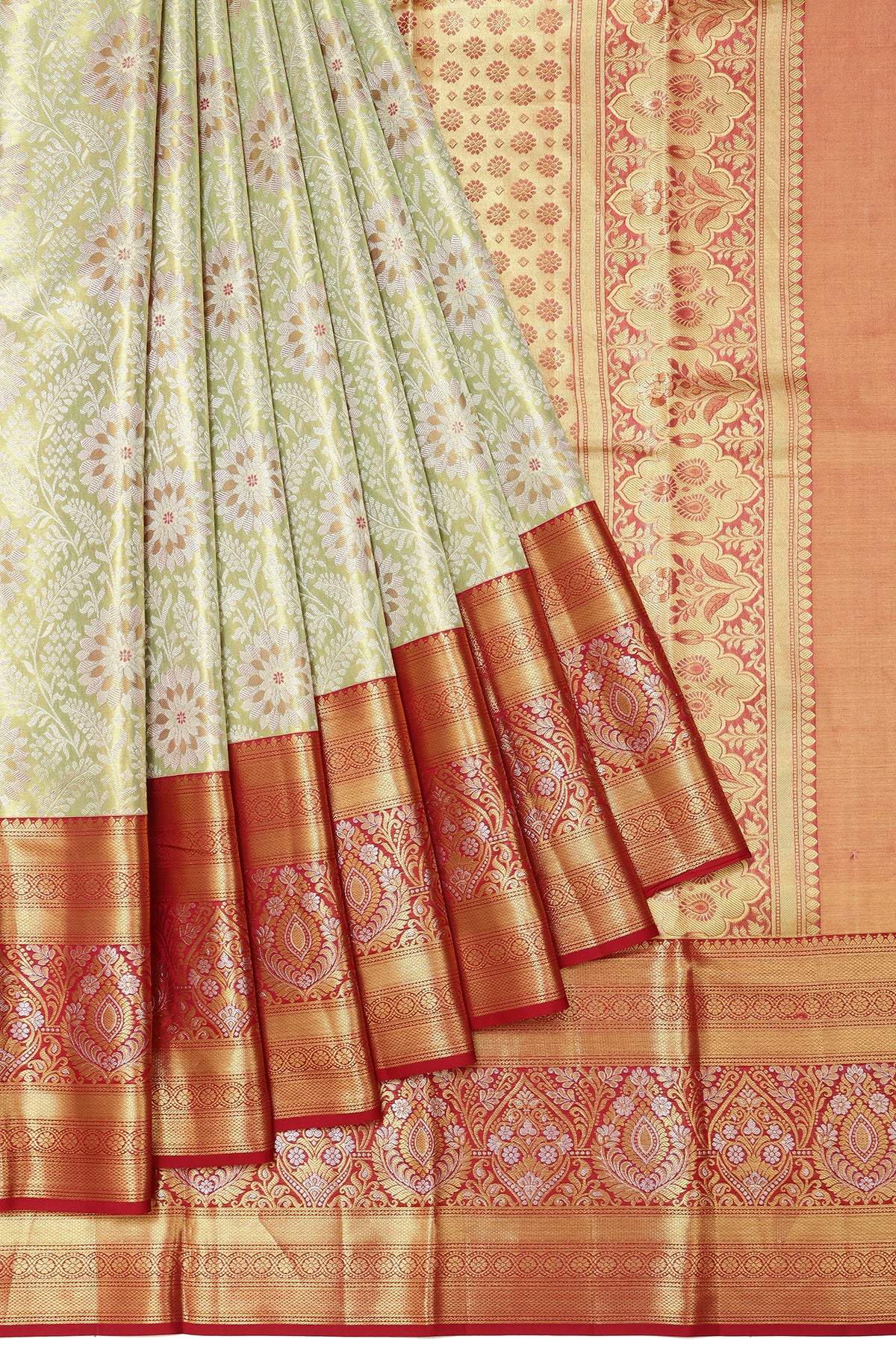 Pista Green Kanchipuram Tissue Silk Saree with Floral Jaal and Brocade Design Border