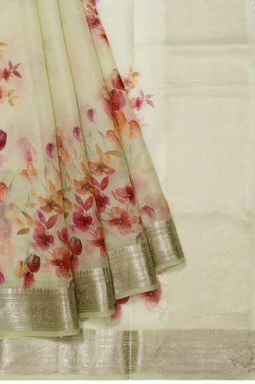Pista Green Organza Silk Saree with Floral and Leaf Design