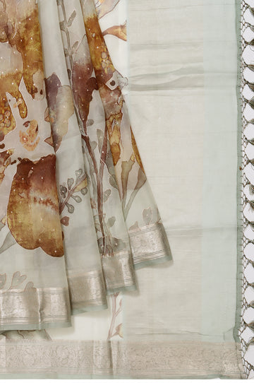 Pista Green Organza Silk Saree with Tree Design and Embroidery