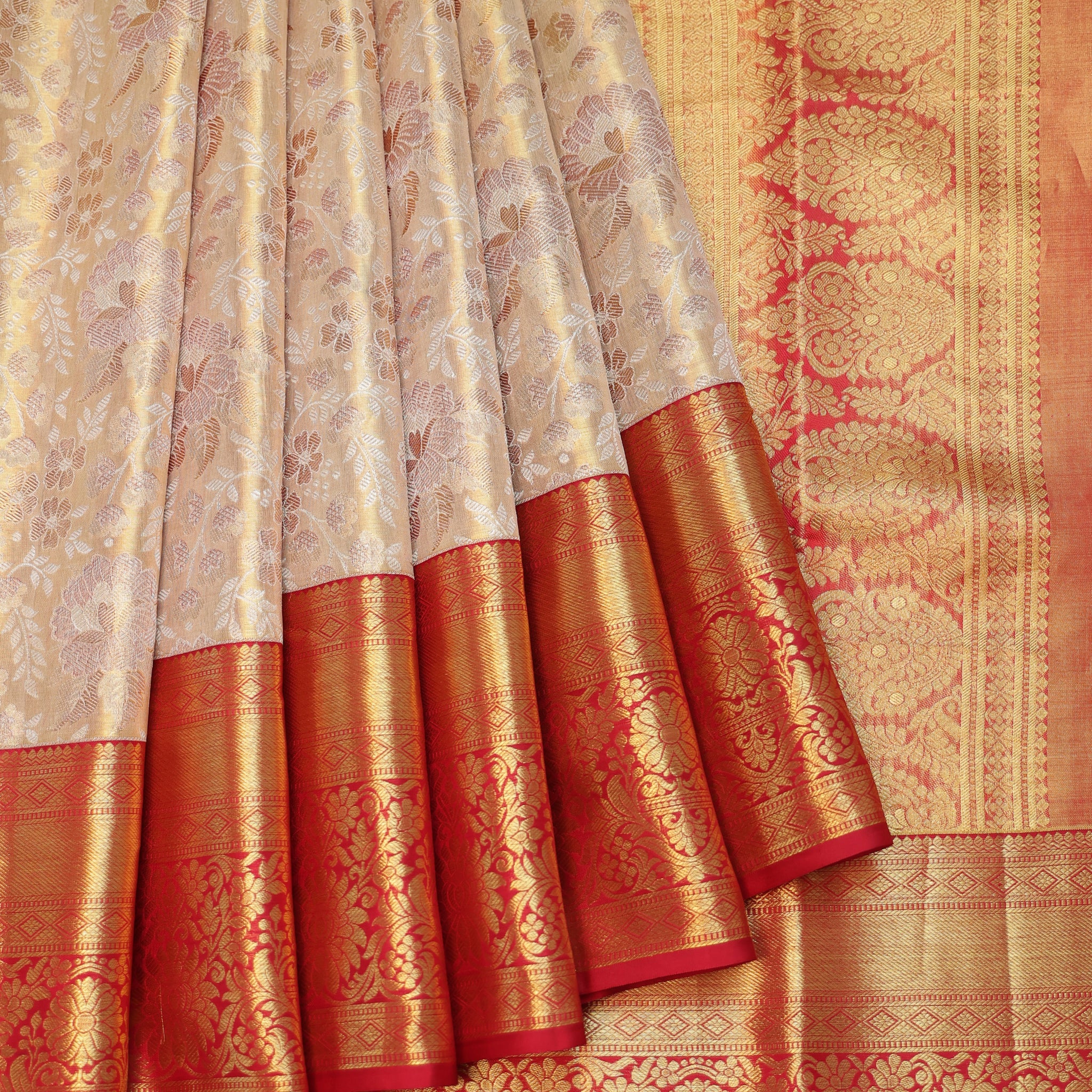 Sandal Kanchipuram Tissue Silk Saree with Floral Motifs
