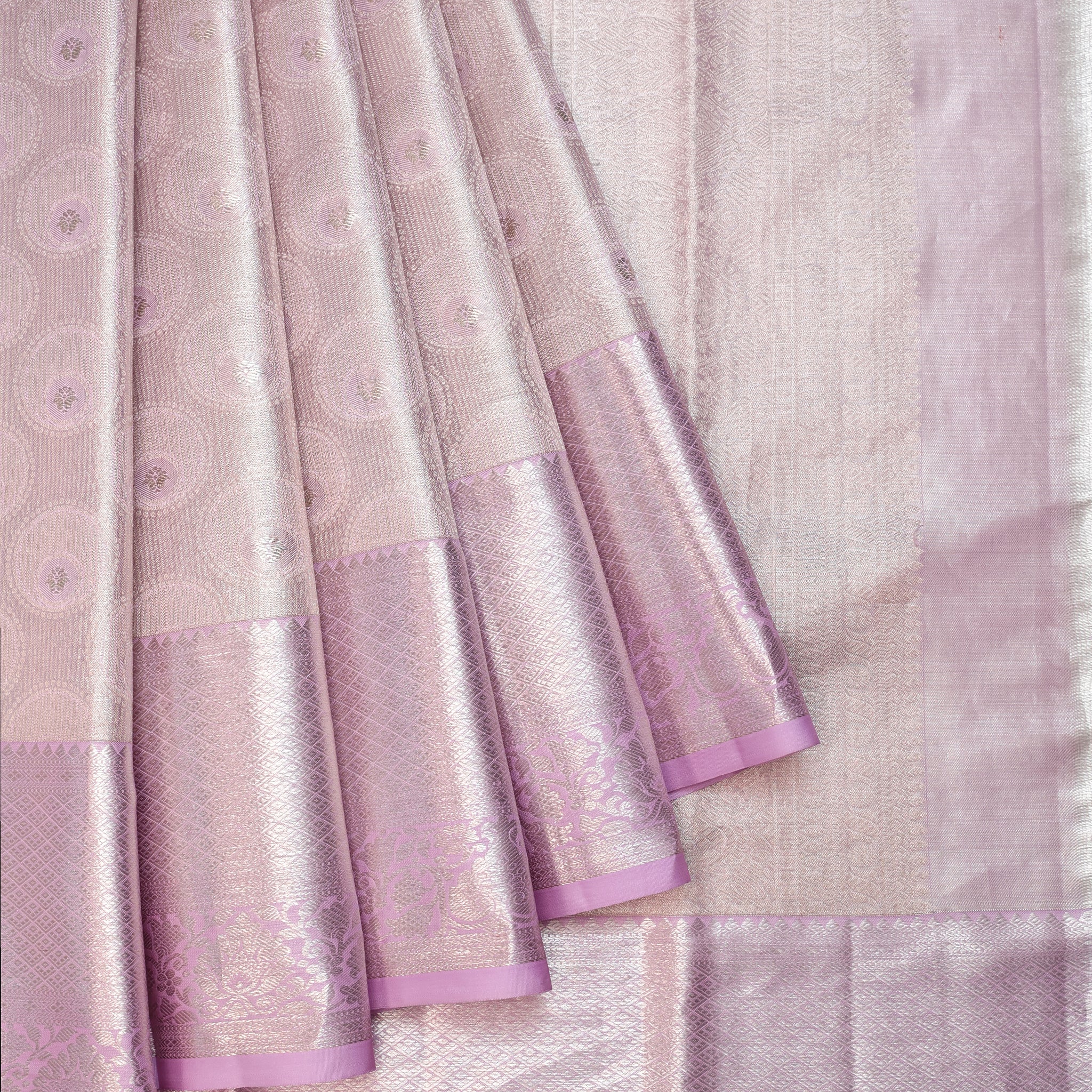 Silver Kanchipuram Tissue Silk Saree with Lavender Border