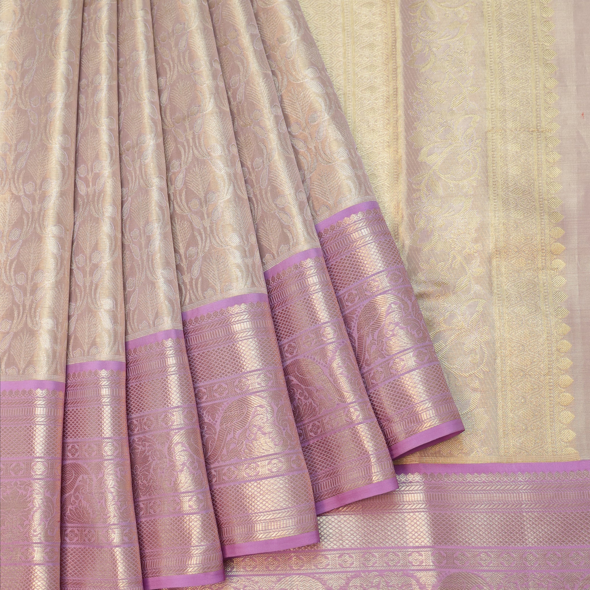 Silver Kanchipuram Tissue Silk Saree with Floral Jaal