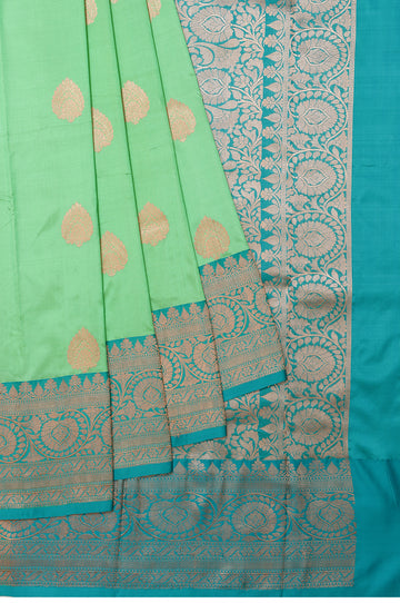 Green Banaras Katan Saree with Floral Pallu and Gold Zari