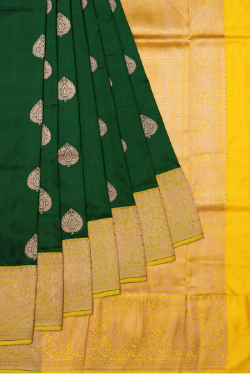 Green Banaras Katan Saree with Tree Butta and Yellow Pallu