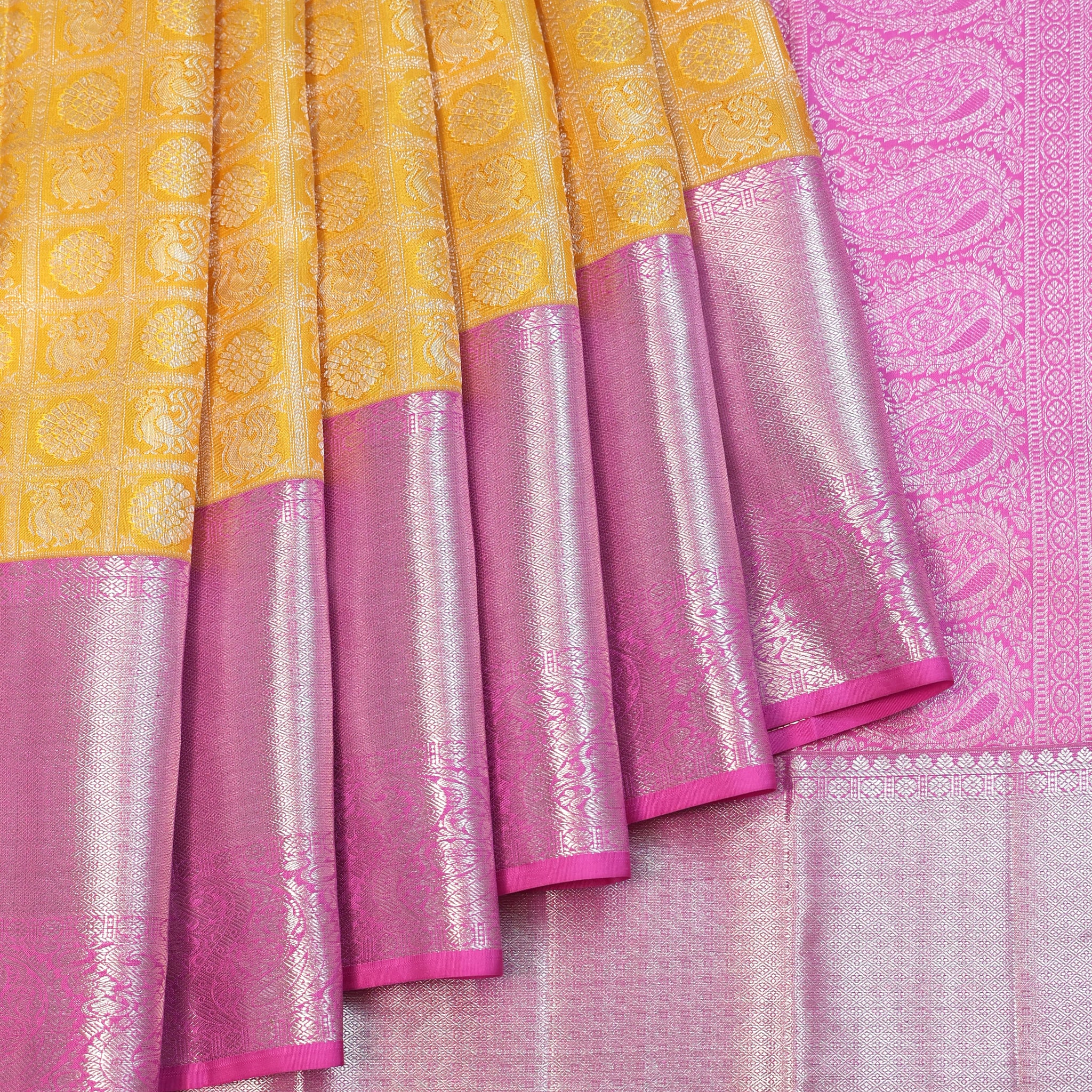 Mustard Kanchipuram Silk Saree with Pink Border in Silver Zari