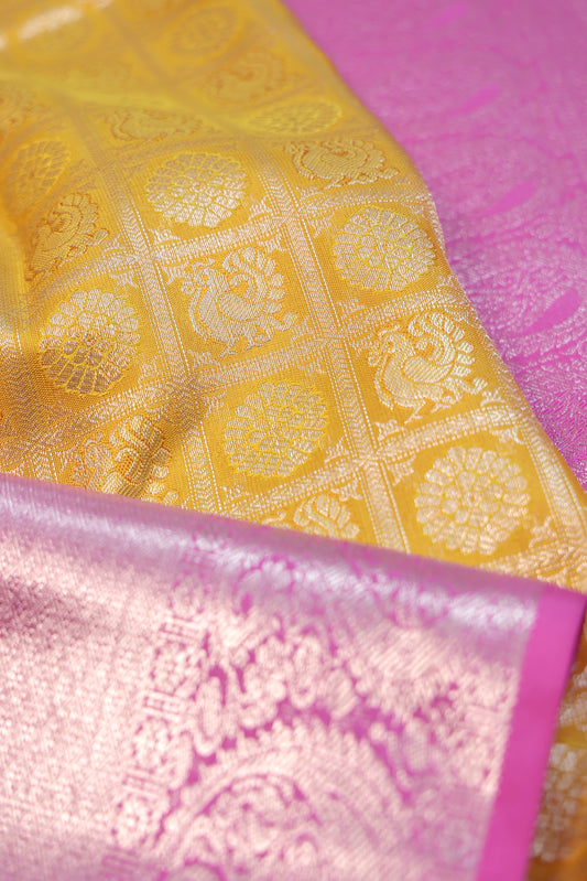 Mustard Kanchipuram Silk Saree with Pink Border in Silver Zari