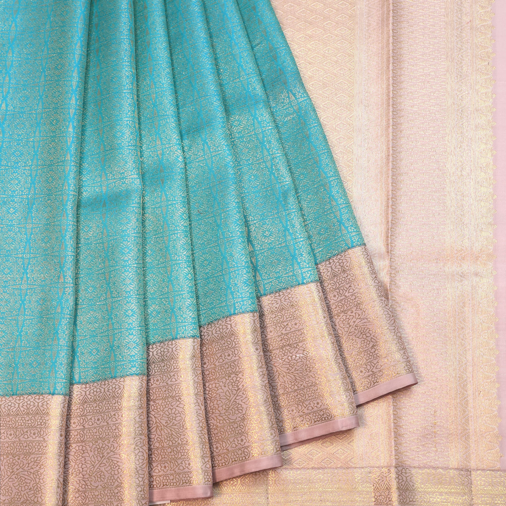 Sea Blue Kanchipuram Silk Saree with Beige Zari Border
