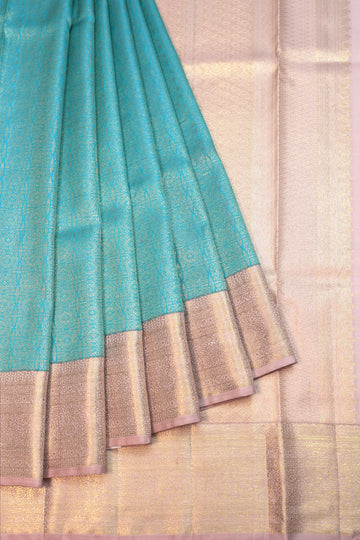 Sea Blue Kanchipuram Silk Saree with Beige Zari Border