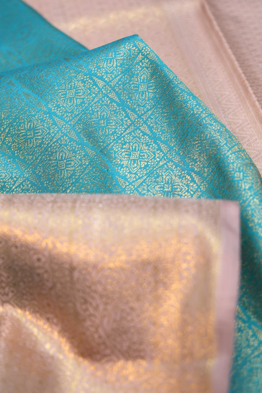 Sea Blue Kanchipuram Silk Saree with Beige Zari Border