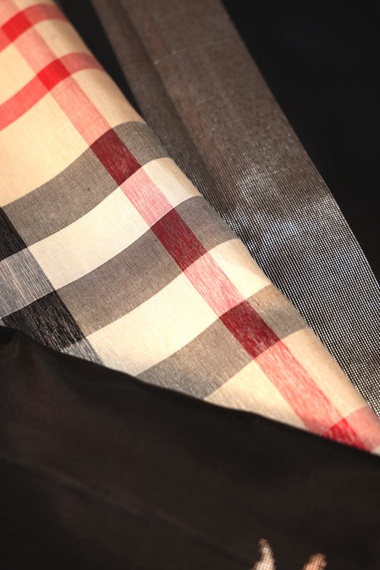 Multi-Colour Kanchipuram Silk Saree with Black Border and Motifs