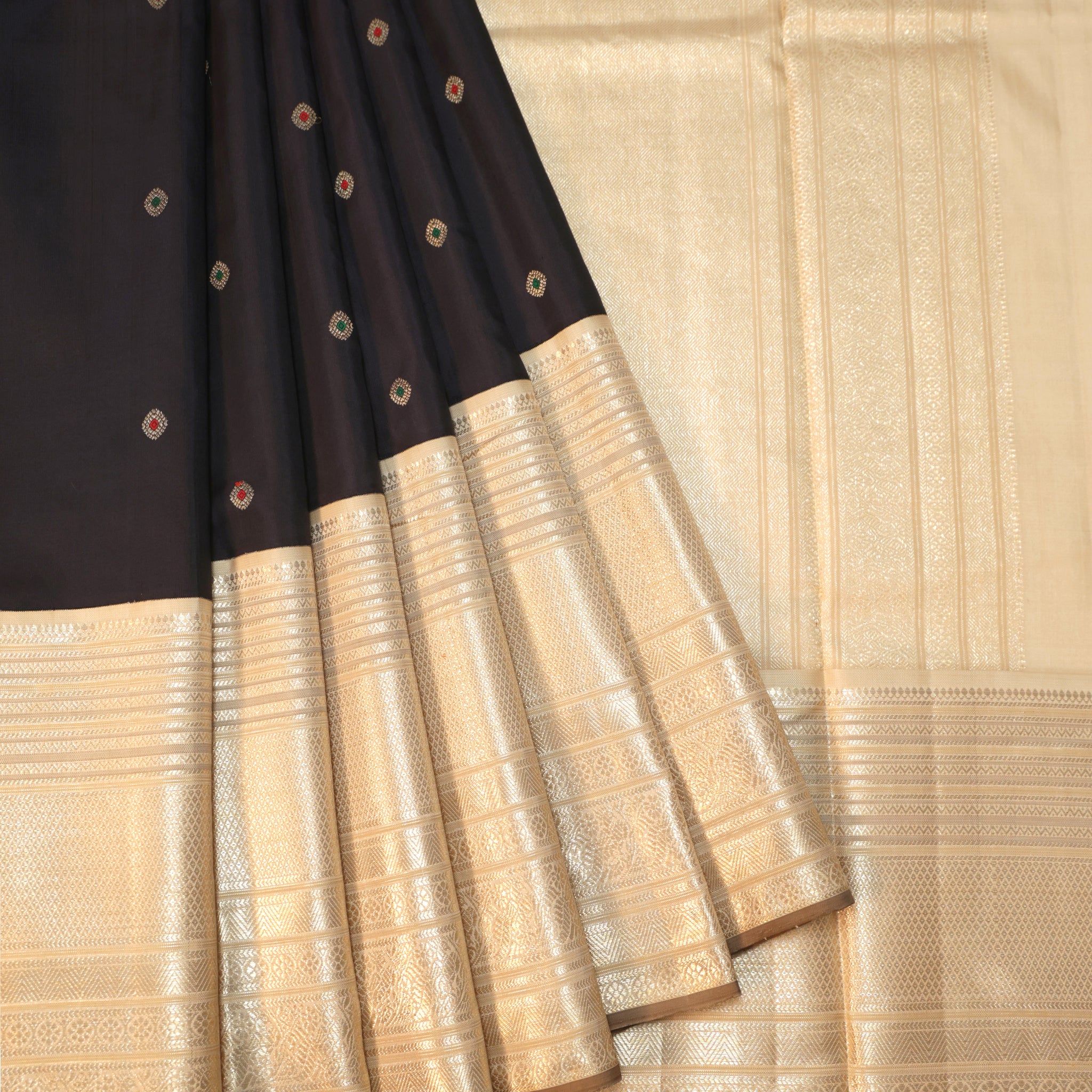 Black Kanchipuram Silk Saree with Sandal Border and Dot Butta
