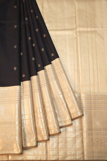 Black Kanchipuram Silk Saree with Sandal Border and Dot Butta