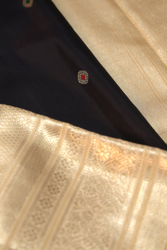 Black Kanchipuram Silk Saree with Sandal Border and Dot Butta
