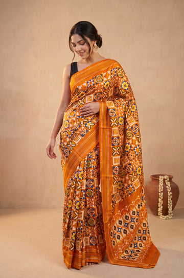 Light Brown Patan Patola Silk Saree with Geometric Pattern