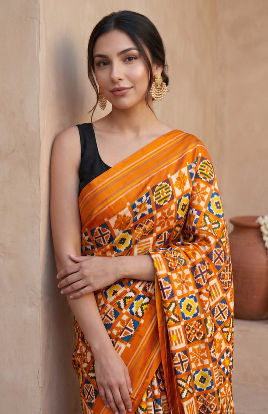 Light Brown Patan Patola Silk Saree with Geometric Pattern