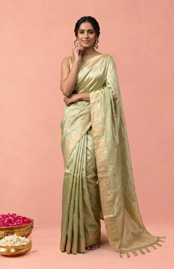 Pista Green Banarasi Katan Silk Saree with Gold & Silver Zari Buttas