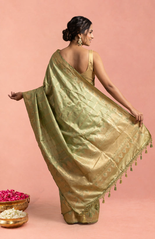 Pista Green Banarasi Katan Silk Saree with Gold & Silver Zari Buttas