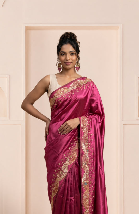 Wine Pink Banarasi Katan Silk Saree with Butterfly & Floral Buttas