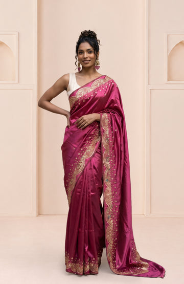 Wine Pink Banarasi Katan Silk Saree with Butterfly & Floral Buttas