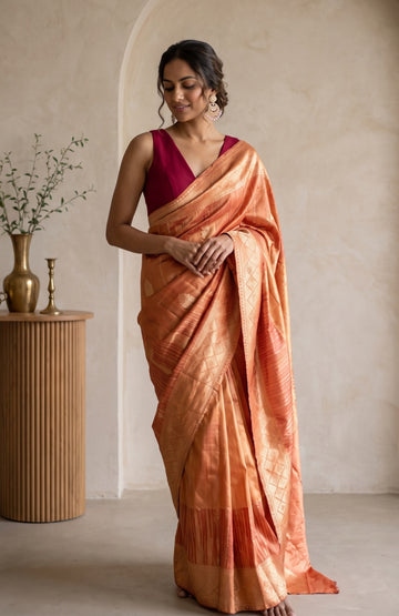 Pink Banaras Katan Silk Saree with All-over Stripes