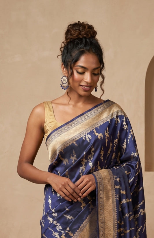 Navy Blue Banaras Katan Silk Saree with Leaf Motifs
