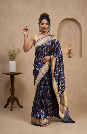 Navy Blue Banaras Katan Silk Saree with Leaf Motifs