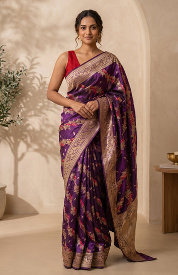 Purple Banaras Katan Silk Saree with Meenakari Peacock Motifs