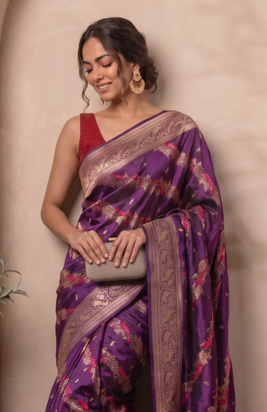 Purple Banaras Katan Silk Saree with Meenakari Peacock Motifs