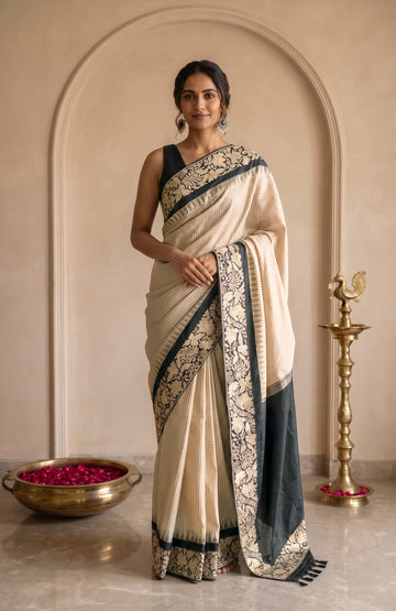 Off-White Banaras Silk Saree with Black Parsi Work Border