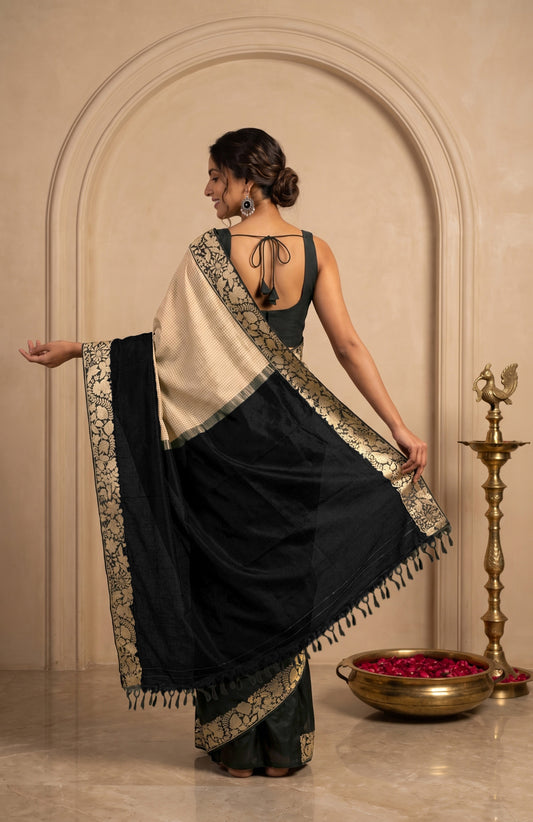 Off-White Banaras Silk Saree with Black Parsi Work Border