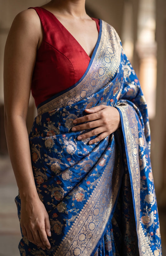 Blue Banaras Katan Silk Saree with Tree Motifs