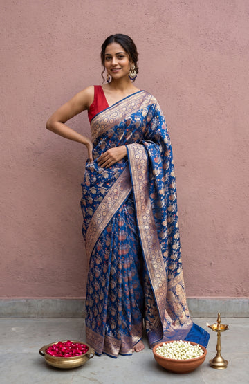 Blue Banaras Katan Silk Saree with Tree Motifs