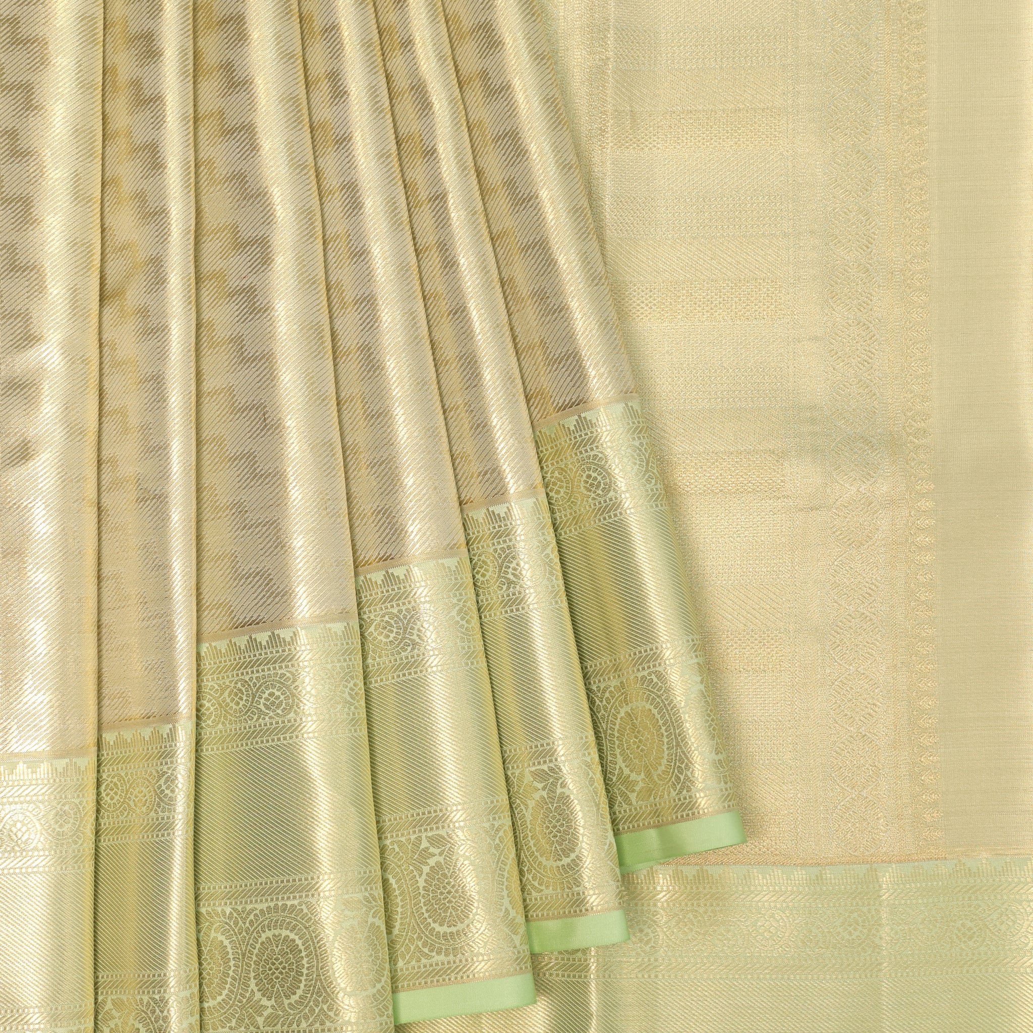 Pista Green Kanchipuram Tissue Silk Saree with Chevron Stripes