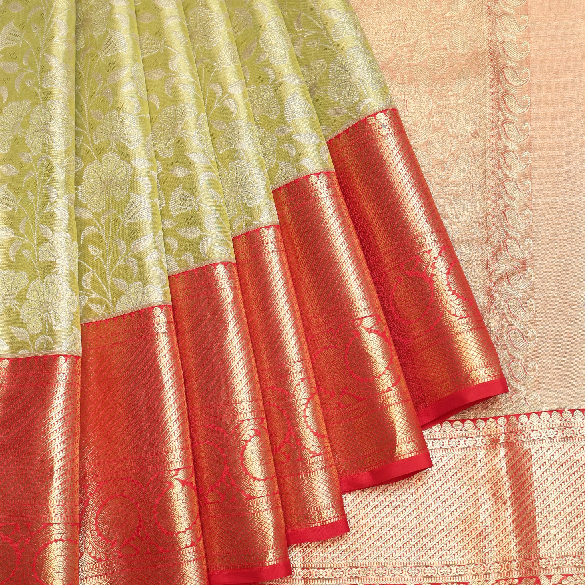 Mehendi Green Kanchipuram Tissue Silk Saree with All-Over Jaal Design