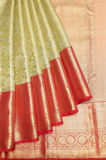 Mehendi Green Kanchipuram Tissue Silk Saree with All-Over Jaal Design