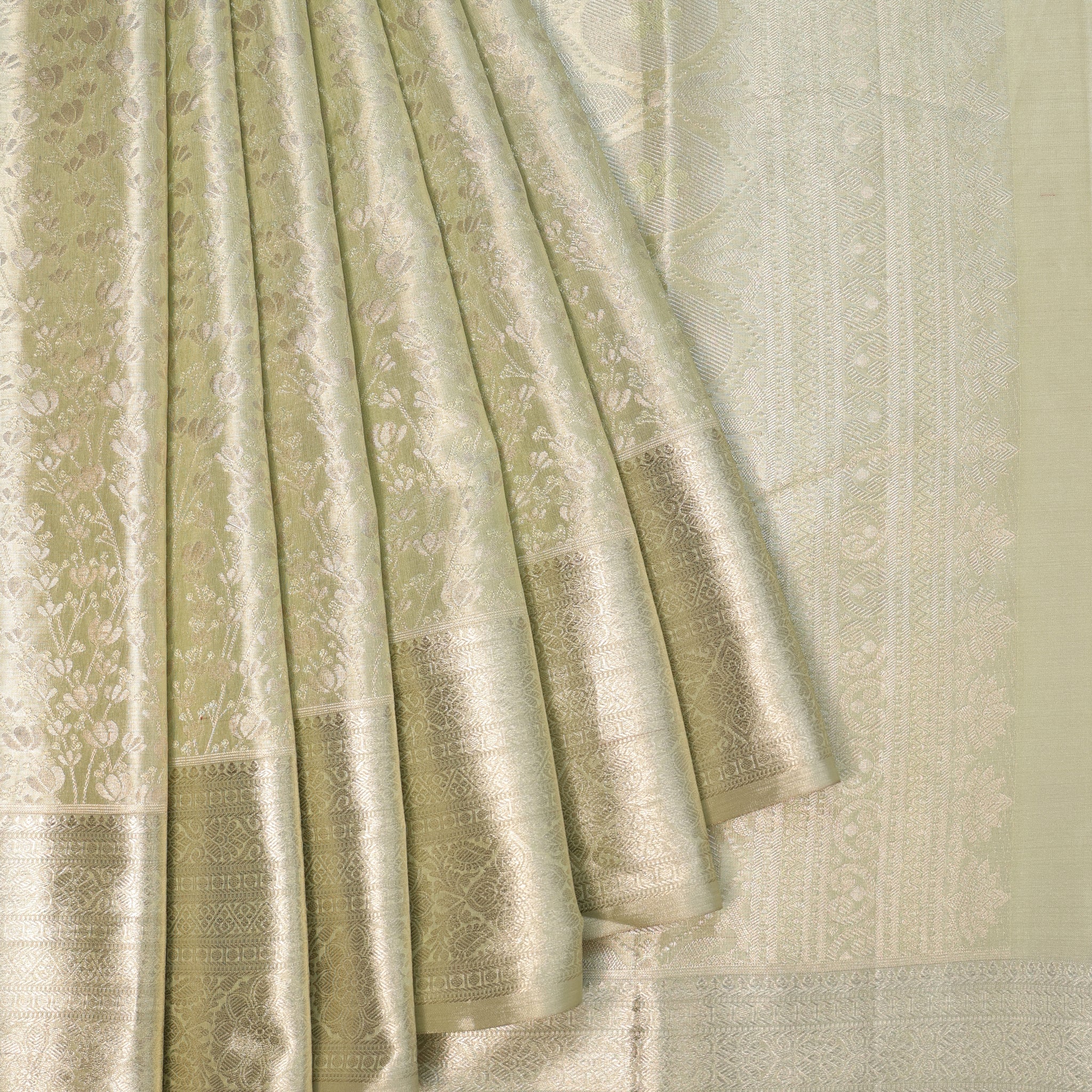 Pista Green Kanchipuram Tissue Silk Saree with All-Over Motifs