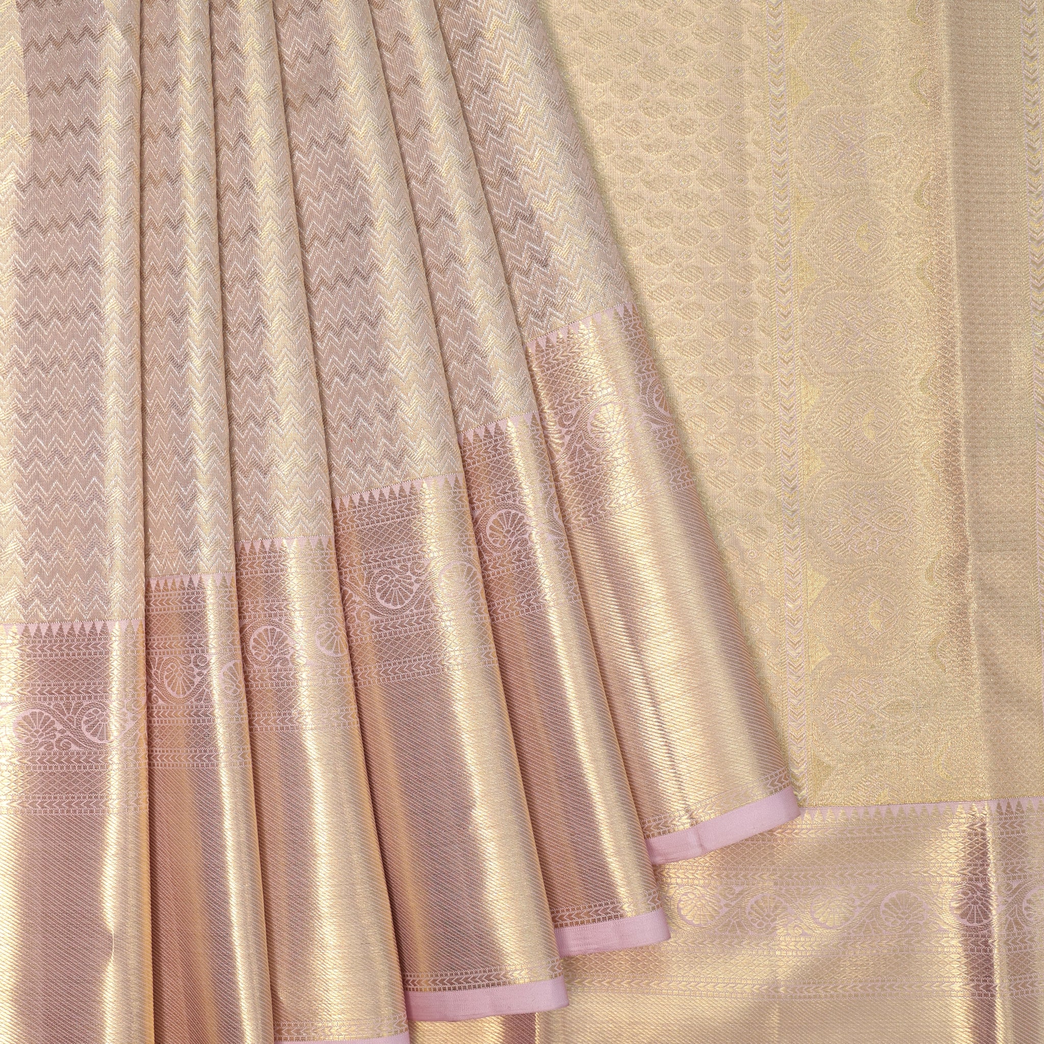 Pink Kanchipuram Silk Saree with Chevron Pattern