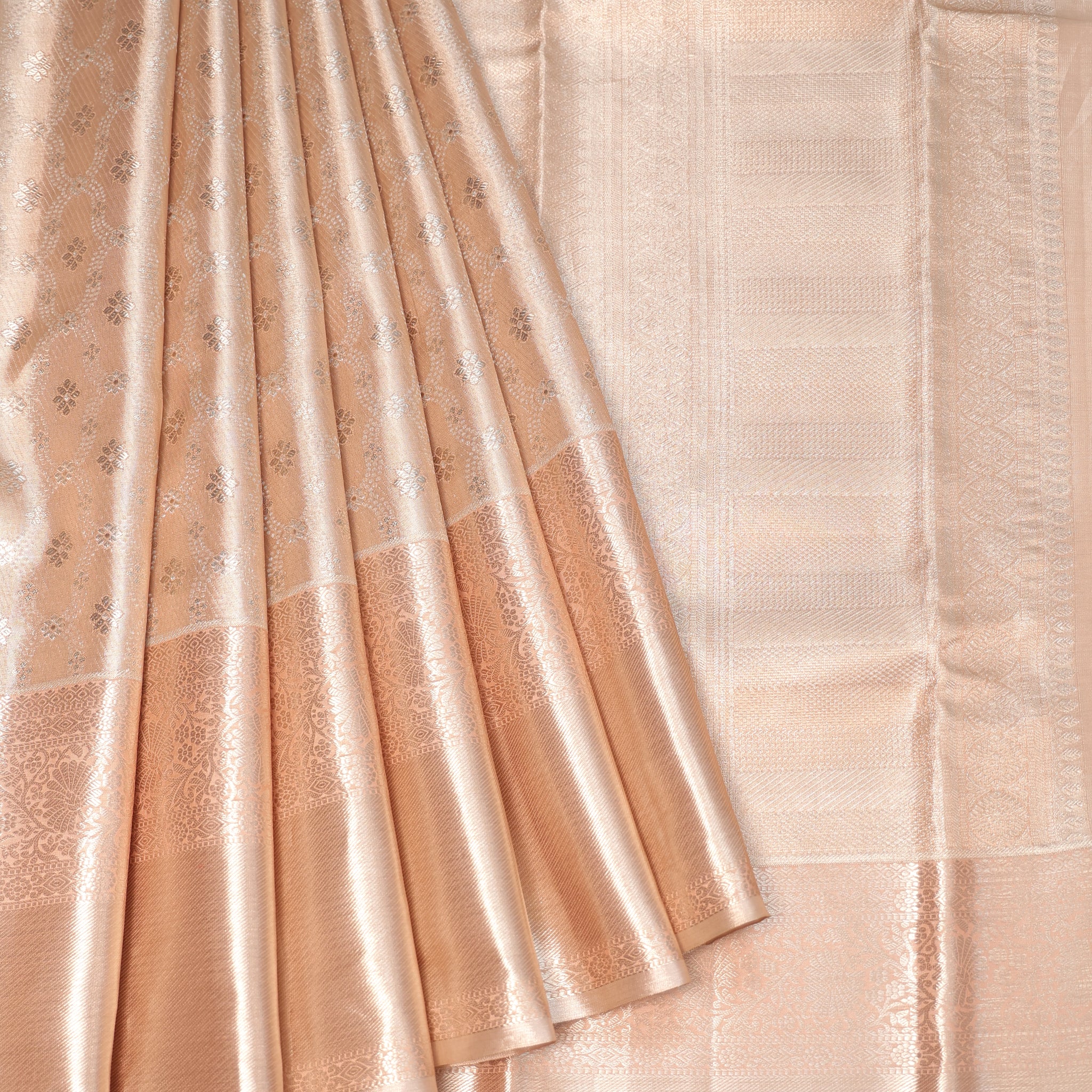 Peach Kanchipuram Tissue Silk Saree with Floral Butta Design