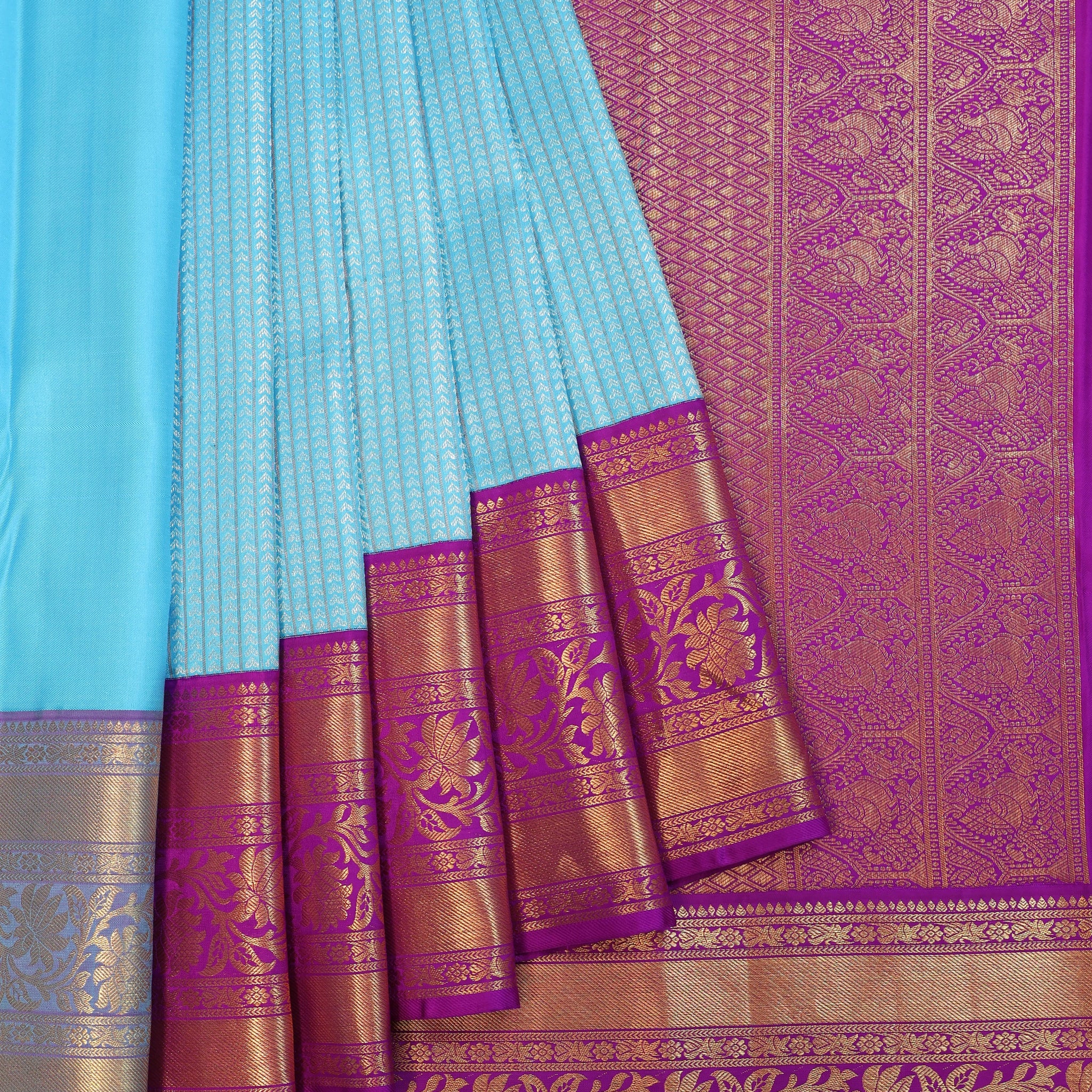 Sky Blue Kanchipuram Silk Saree with Floral Magenta Border