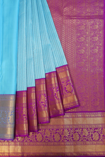 Sky Blue Kanchipuram Silk Saree with Floral Magenta Border