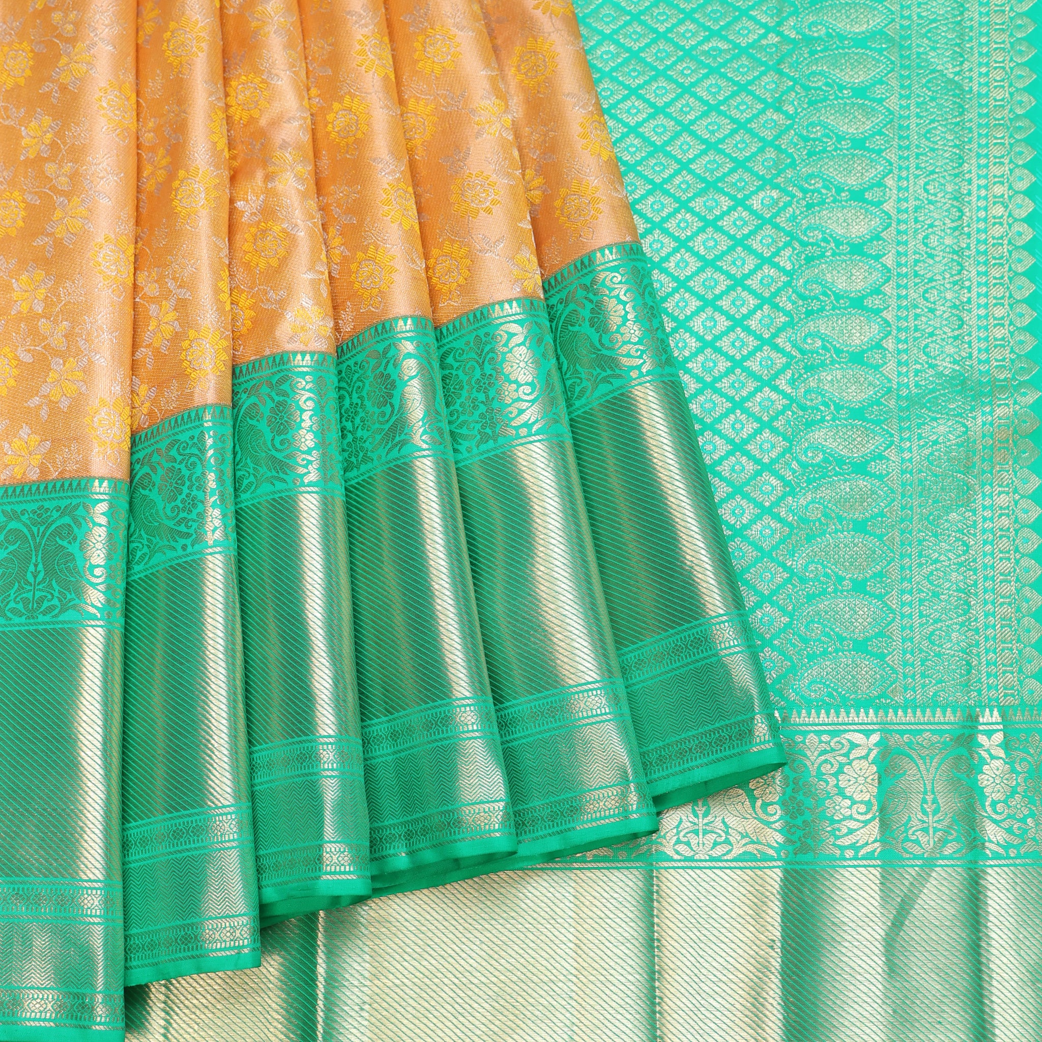 Mustard Kanchipuram Silk Saree with Sea Green Twill Border
