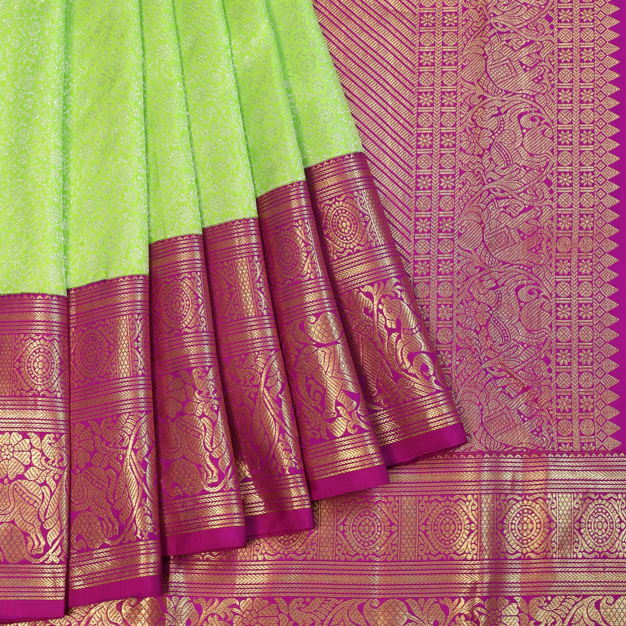 Neon Green Kanchipuram Silk Saree with Dark Pink Border