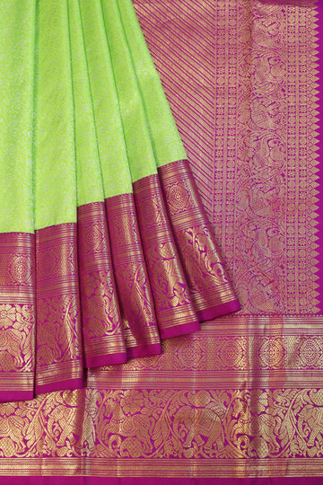 Neon Green Kanchipuram Silk Saree with Dark Pink Border