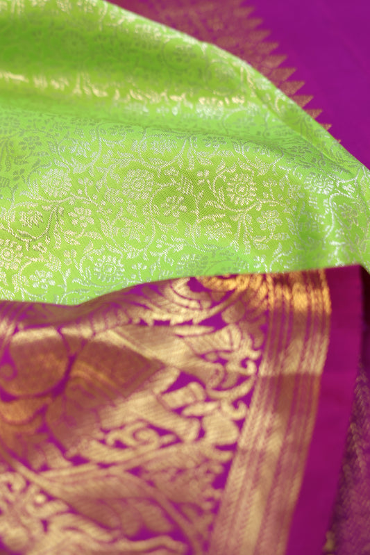 Neon Green Kanchipuram Silk Saree with Dark Pink Border