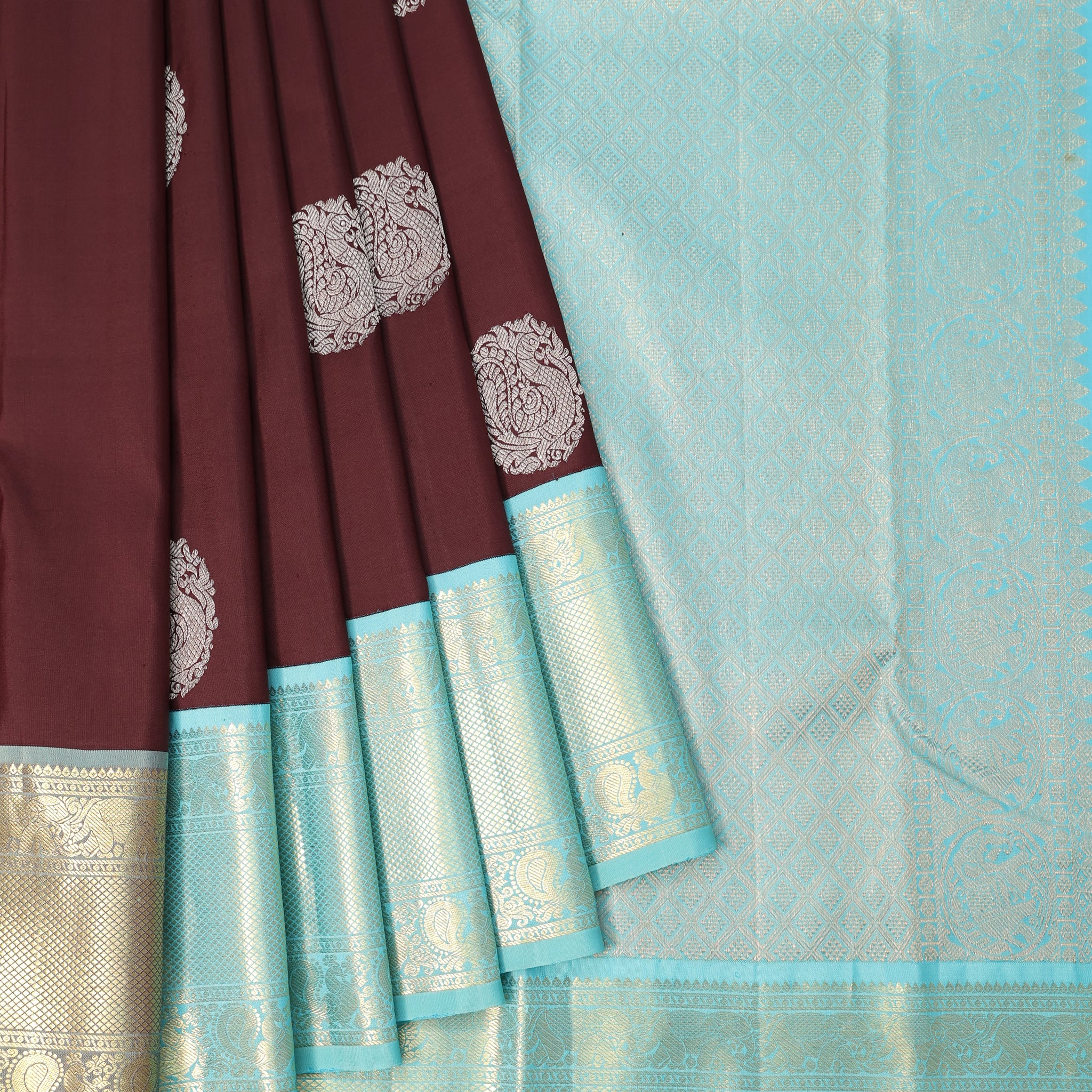 Brown Kanchipuram Pure Silk Saree with Sea Green Border