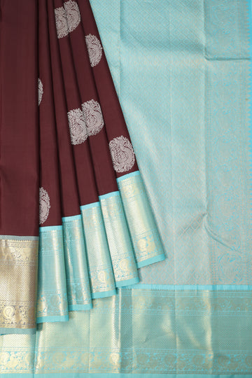 Brown Kanchipuram Pure Silk Saree with Sea Green Border