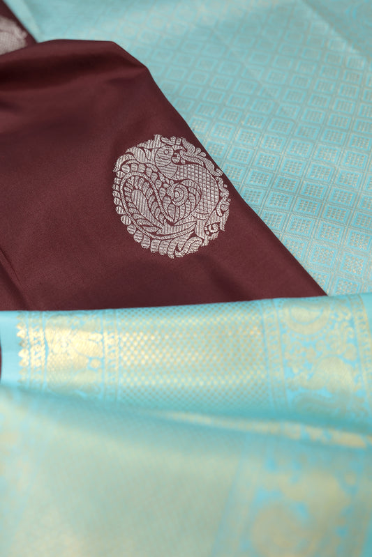 Brown Kanchipuram Pure Silk Saree with Sea Green Border