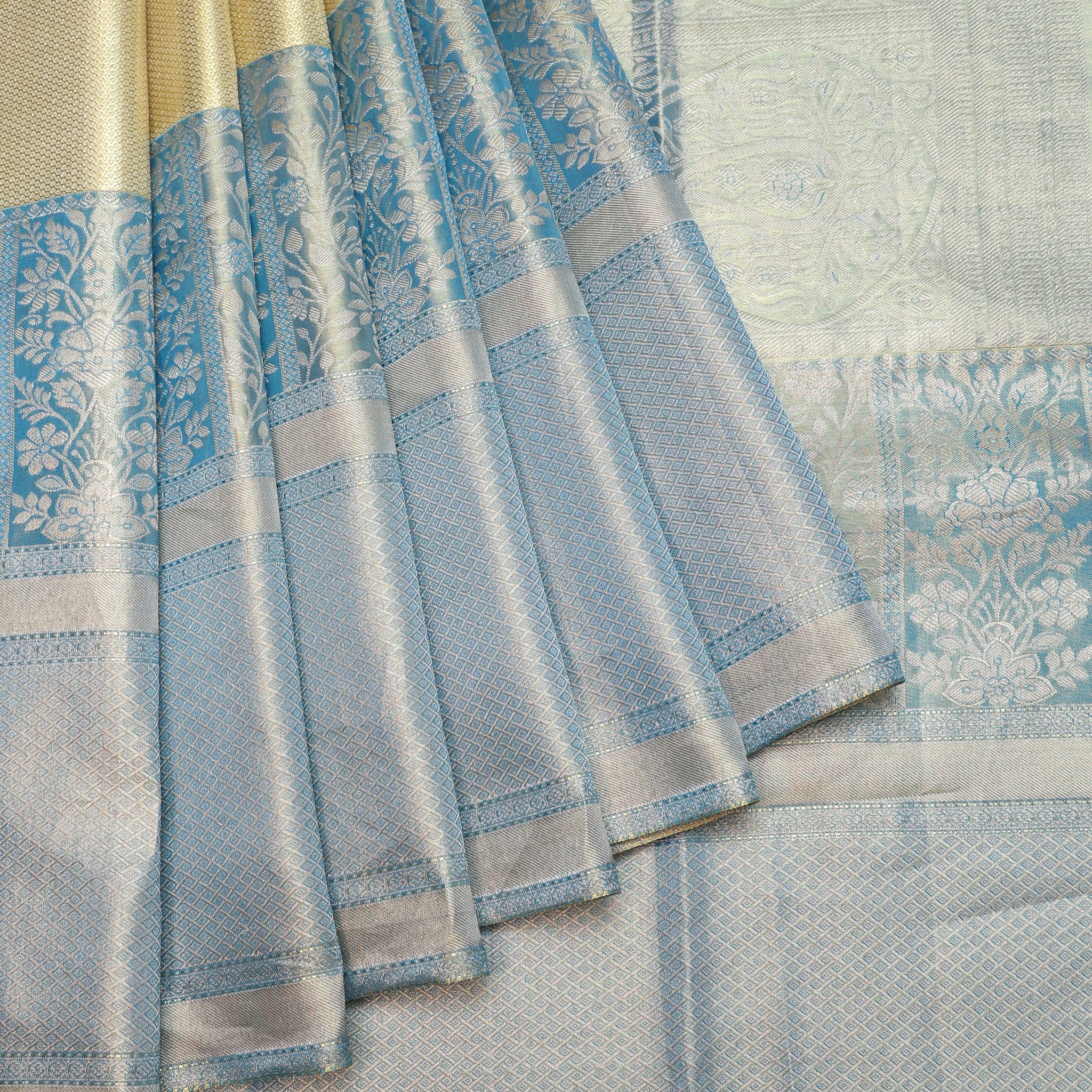 Gold Kanchipuram Tissue Silk Saree with Sky Blue Zari Border