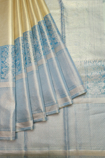 Gold Kanchipuram Tissue Silk Saree with Sky Blue Zari Border