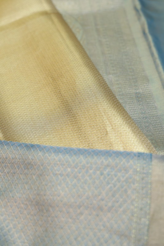 Gold Kanchipuram Tissue Silk Saree with Sky Blue Zari Border